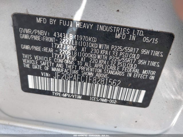 Продаж на аукціоні авто 2015 Subaru Xv Crosstrek 2.0i Premium, vin: JF2GPAFC1F8281562, номер лоту: 44496782