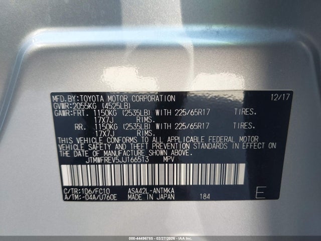 44496785 :رقم المزاد ، JTMWFREV5JJ166513 vin ، 2018 Toyota Rav4 Xle مزاد بيع