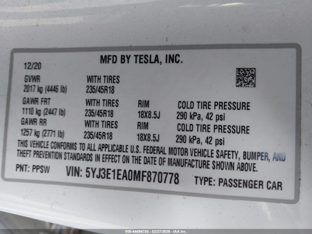 2021 TESLA MODEL 3 5YJ3E1EA0MF870778 Photo 8