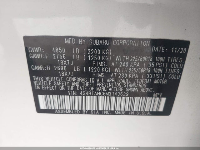 2021 Subaru Outback Limited მანქანა იყიდება აუქციონზე, vin: 4S4BTANC6M3143639, აუქციონის ნომერი: 44496807