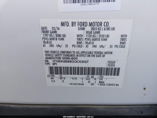 2016 FORD EXPLORER 1FM5K8B88GGC63027 Photo 8