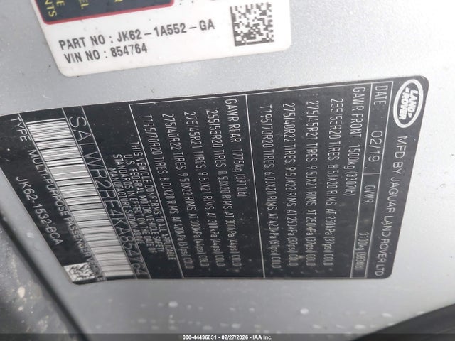 44496831 :رقم المزاد ، SALWR2RE4KA854764 vin ، 2019 Land Rover Range Rover Sport Supercharged Dynamic مزاد بيع