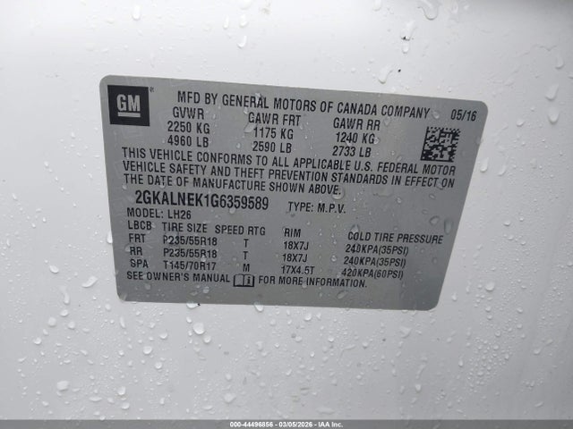 Продаж на аукціоні авто 2016 Gmc Terrain Sle-2, vin: 2GKALNEK1G6359589, номер лоту: 44496856