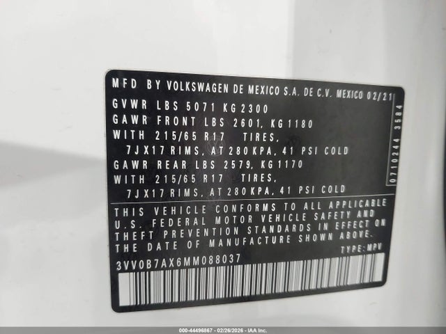 3VV0B7AX6MM088037 Volkswagen Tiguan 2.0t S