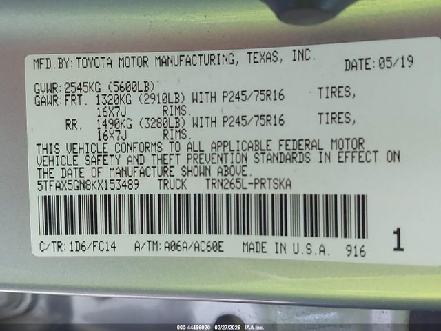 5TFAX5GN8KX153489 Toyota Tacoma Sr5