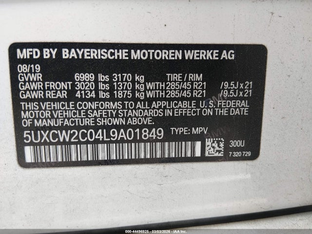 44496925 :رقم المزاد ، 5UXCW2C04L9A01849 vin ، 2020 Bmw X7 Xdrive40i مزاد بيع