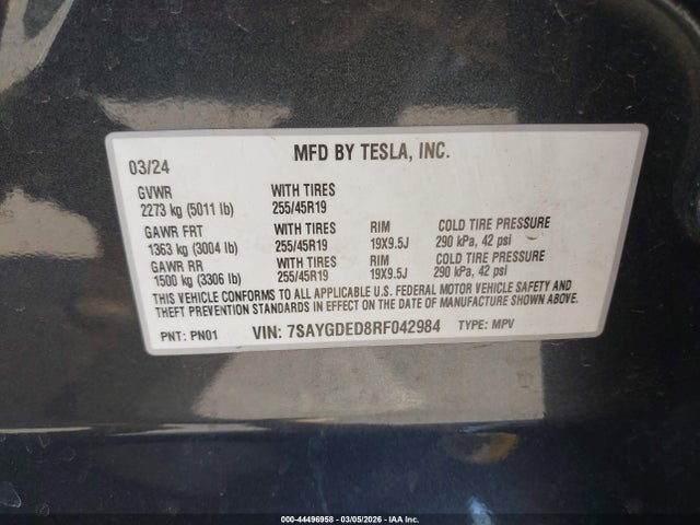 Продажа на аукционе авто 2024 Tesla Model Y Long Range Single Motor Rear-wheel Drive/rwd, vin: 7SAYGDED8RF042984, номер лота: 44496958