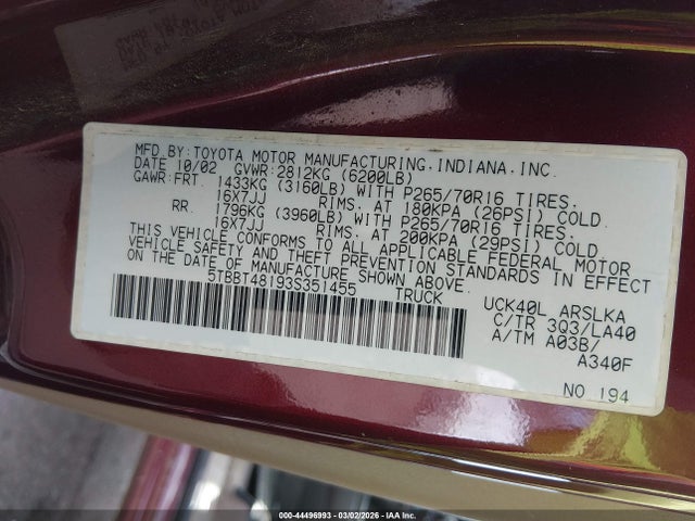 2003 TOYOTA TUNDRA 5TBBT48193S351455 Photo 8