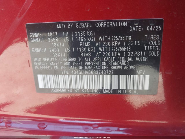 2025 Subaru Crosstrek Limited მანქანა იყიდება აუქციონზე, vin: 4S4GUHM66S3743727, აუქციონის ნომერი: 44497022