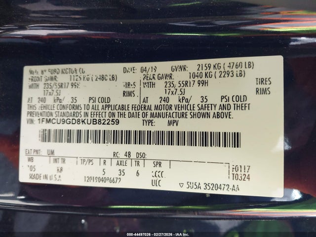 1FMCU9GD8KUB82259 Ford ESCAPE SE