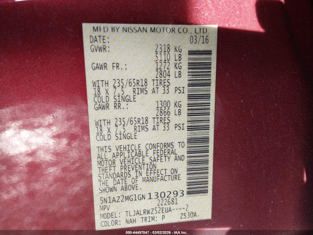 Nissan MURANO SL 2016 5N1AZ2MG1GN130293 Image 9