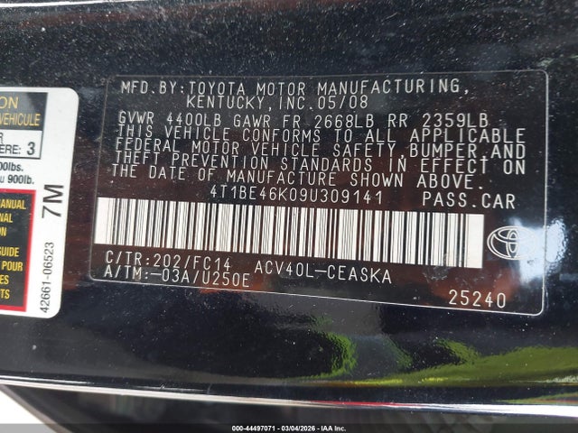 2009 Toyota Camry Se მანქანა იყიდება აუქციონზე, vin: 4T1BE46K09U309141, აუქციონის ნომერი: 44497071