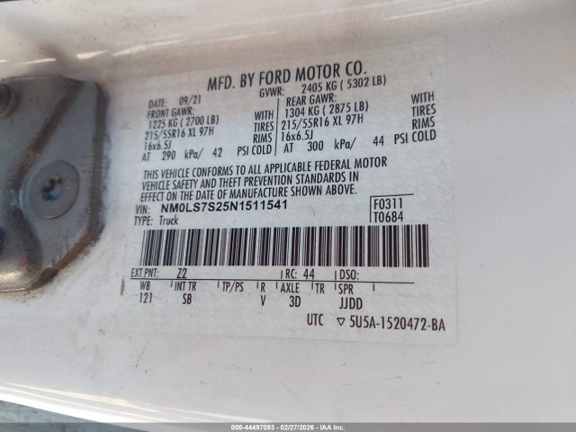2022 Ford Transit Connect Xl მანქანა იყიდება აუქციონზე, vin: NM0LS7S25N1511541, აუქციონის ნომერი: 44497093
