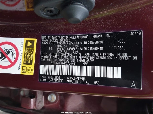 2019 TOYOTA HIGHLANDER 5TDJZRFH7KS734761 Photo 8