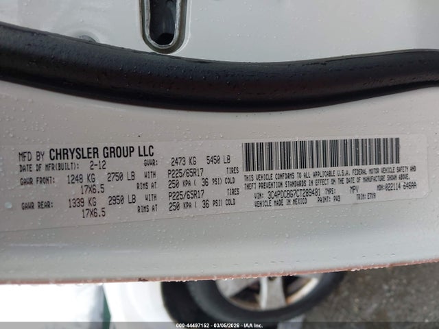 Aukcja sprzedaży 2012 Dodge Journey Sxt, vin: 3C4PDCBG7CT289481, numer aukcji: 44497152