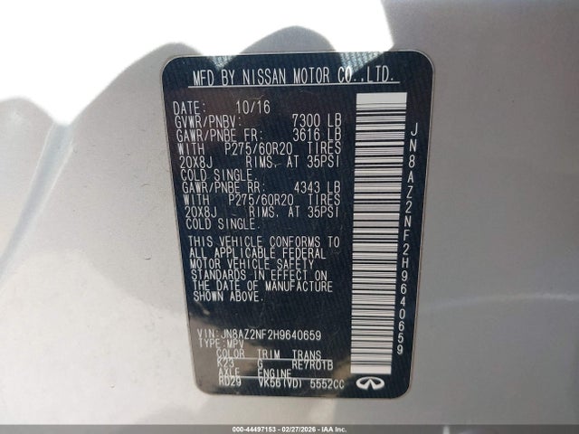 Aukcja sprzedaży 2017 Infiniti Qx80, vin: JN8AZ2NF2H9640659, numer aukcji: 44497153