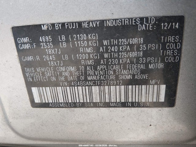 44497163 :رقم المزاد ، 4S4BSANC7F3278912 vin ، 2015 Subaru Outback 2.5i Limited مزاد بيع