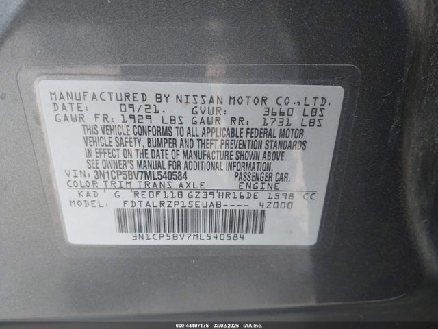 44497176 :رقم المزاد ، 3N1CP5BV7ML540584 vin ، 2021 Nissan Kicks S Xtronic Cvt مزاد بيع