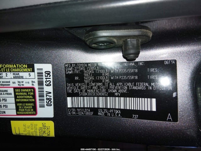 5TDDK3DC5ES089652 Toyota Sienna Xle 7 Passenger
