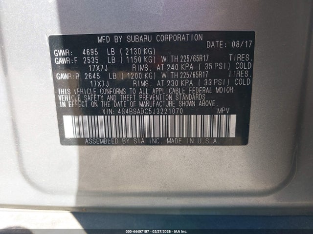 2018 Subaru Outback 2.5i Premium მანქანა იყიდება აუქციონზე, vin: 4S4BSADC5J3221070, აუქციონის ნომერი: 44497197