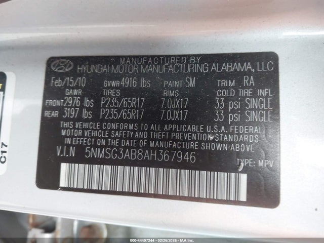 2010 Hyundai Santa Fe Gls მანქანა იყიდება აუქციონზე, vin: 5NMSG3AB8AH367946, აუქციონის ნომერი: 44497244