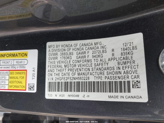 2022 HONDA CIVIC 2HGFE2F52NH560228 Photo 8