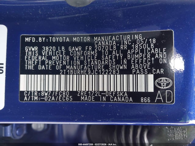 2T1BURHE9JC122283 Toyota COROLLA SE