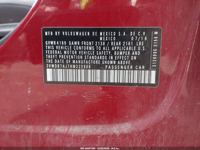 Aukcja sprzedaży 2017 Volkswagen Jetta 1.4t Se, vin: 3VWDB7AJ7HM222908, numer aukcji: 44497266