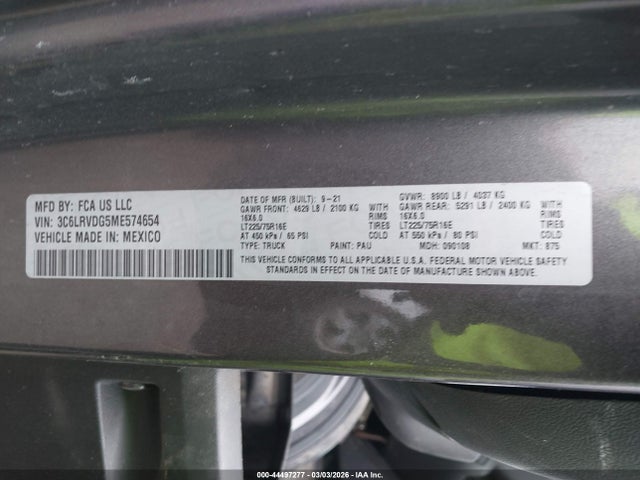 Продажа на аукционе авто 2021 Ram Promaster 2500 High Roof 159 Wb, vin: 3C6LRVDG5ME574654, номер лота: 44497277