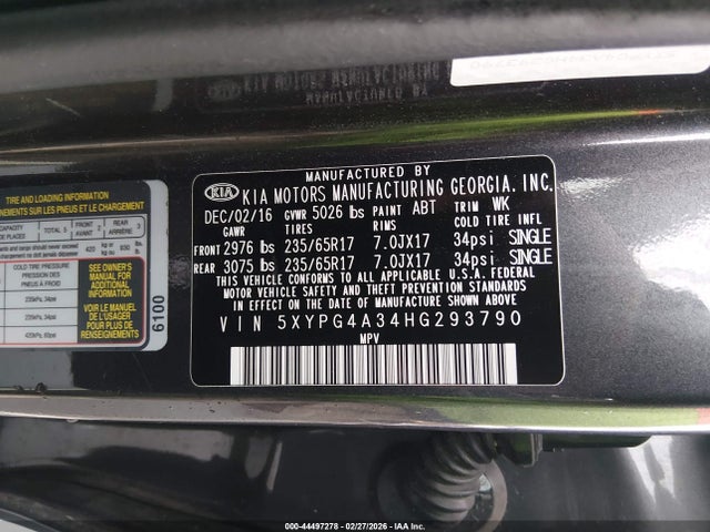2017 Kia Sorento 2.4l Lx მანქანა იყიდება აუქციონზე, vin: 5XYPG4A34HG293790, აუქციონის ნომერი: 44497278