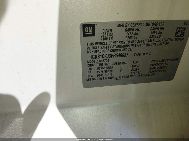 Продаж на аукціоні авто 2015 Gmc Yukon Denali, vin: 1GKS1CKJ3FR649037, номер лоту: 44497299