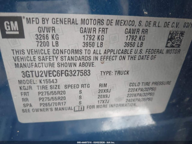 44497318 :رقم المزاد ، 3GTU2VEC6FG327583 vin ، 2015 Gmc Sierra 1500 Slt مزاد بيع