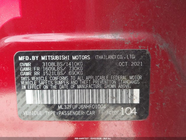 Продаж на аукціоні авто 2022 Mitsubishi Mirage G4 Black Edition/es/le, vin: ML32FUFJ6NHF01004, номер лоту: 44497327