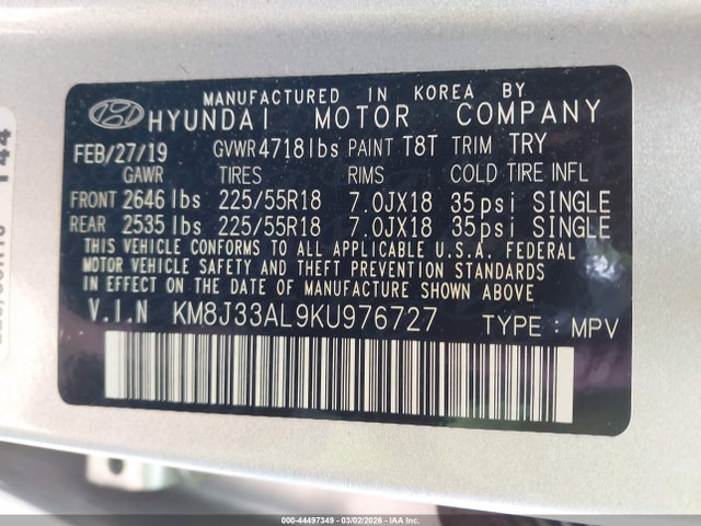2019 HYUNDAI TUCSON KM8J33AL9KU976727 Photo 8