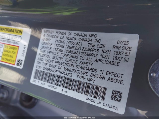 44497364 :رقم المزاد ، 2HKRS4H40TH414323 vin ، 2026 Honda Cr-v Ex Awd مزاد بيع