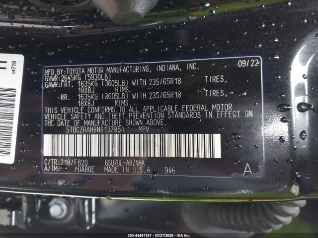 Aukcja sprzedaży 2022 Toyota Highlander L, vin: 5TDCZRAH8NS137851, numer aukcji: 44497367