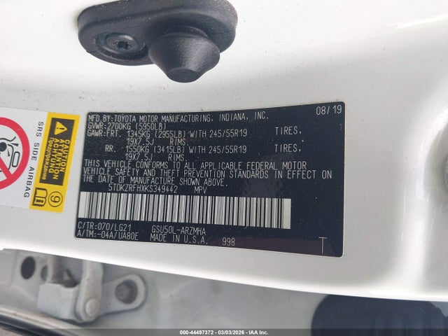 5TDKZRFHXKS349442 Toyota Highlander Se