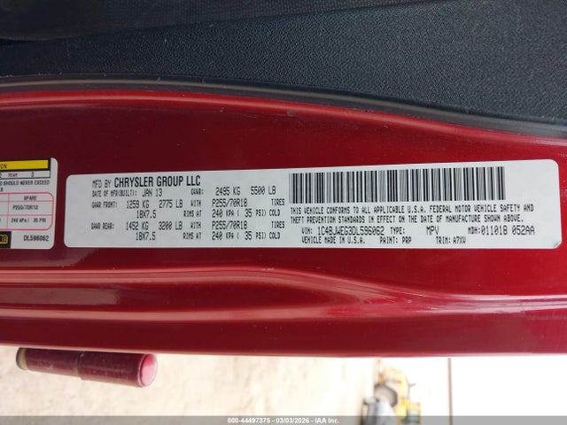2013 Jeep Wrangler Unlimited Sahara მანქანა იყიდება აუქციონზე, vin: 1C4BJWEG3DL596062, აუქციონის ნომერი: 44497375