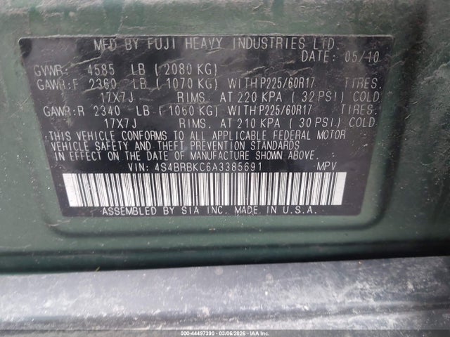 Продаж на аукціоні авто 2010 Subaru Outback 2.5i Limited, vin: 4S4BRBKC6A3385691, номер лоту: 44497390