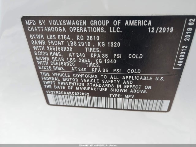 2019 Volkswagen Atlas 3.6l V6 Se W/technology R-line მანქანა იყიდება აუქციონზე, vin: 1V2YR2CA4KC622092, აუქციონის ნომერი: 44497397