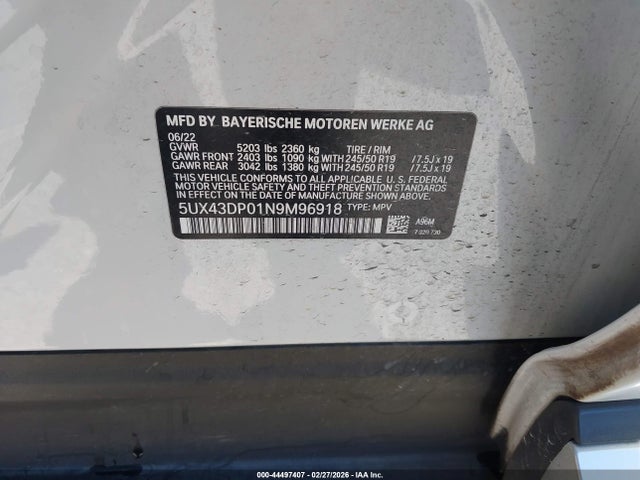 Продаж на аукціоні авто 2022 Bmw X3 Sdrive30i, vin: 5UX43DP01N9M96918, номер лоту: 44497407