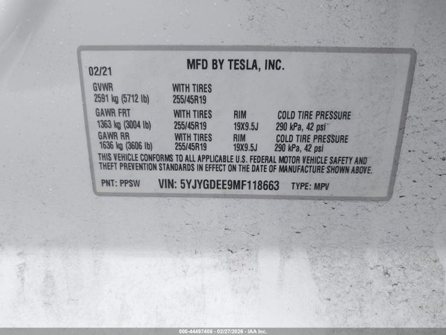 5YJYGDEE9MF118663 Tesla Model Y Long Range Dual Motor All-wheel Drive