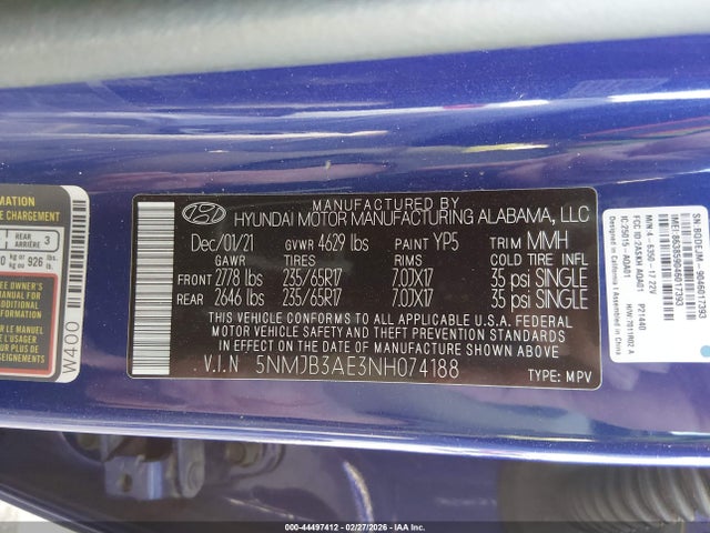2022 Hyundai Tucson Sel მანქანა იყიდება აუქციონზე, vin: 5NMJB3AE3NH074188, აუქციონის ნომერი: 44497412