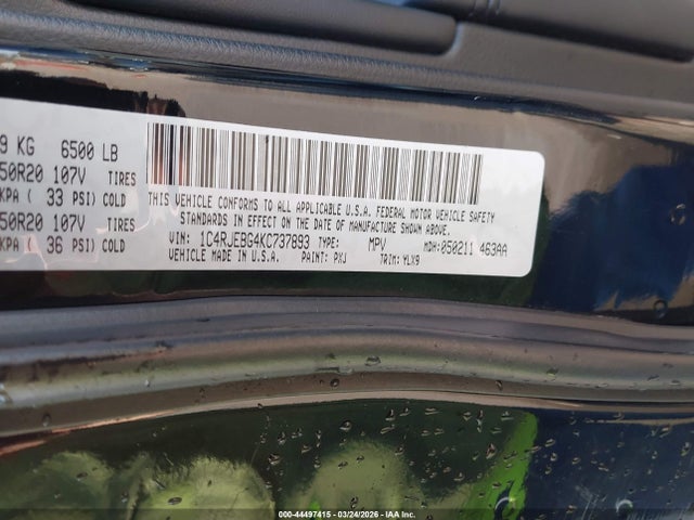 44497415 :رقم المزاد ، 1C4RJEBG4KC737893 vin ، 2019 Jeep Grand Cherokee Limited X 4x2 مزاد بيع