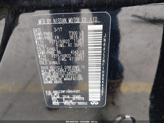 Aukcja sprzedaży 2017 Infiniti Qx80 Signature Edition, vin: JN8AZ2NF1H9644301, numer aukcji: 44497425