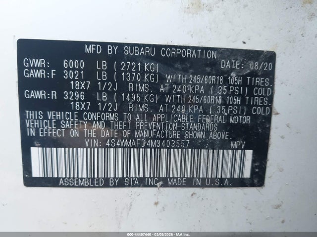 Aukcja sprzedaży 2021 Subaru Ascent Premium, vin: 4S4WMAFD4M3403557, numer aukcji: 44497440