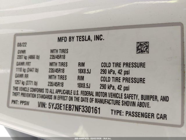 44497470 :رقم المزاد ، 5YJ3E1EB7NF330161 vin ، 2022 Tesla Model 3 Long Range Dual Motor All-wheel Drive مزاد بيع