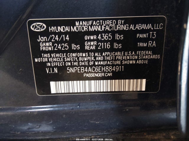 5NPEB4AC6EH884911 Hyundai SONATA GLS
