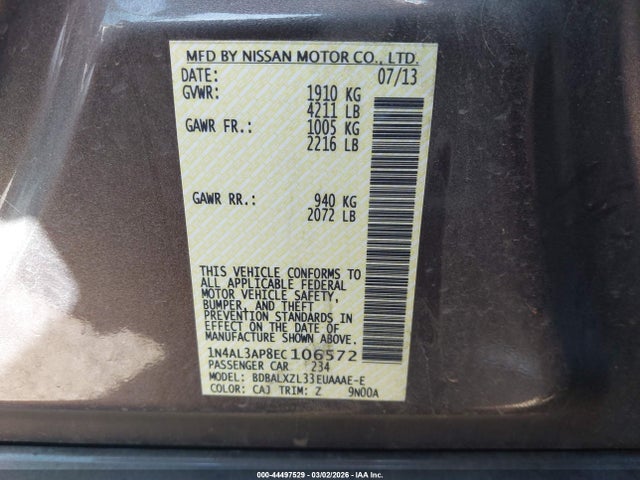 2014 Nissan Altima 2.5 Sl მანქანა იყიდება აუქციონზე, vin: 1N4AL3AP8EC106572, აუქციონის ნომერი: 44497529