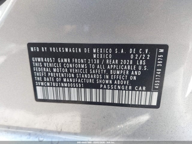 2022 Volkswagen Jetta 1.5t S მანქანა იყიდება აუქციონზე, vin: 3VWCM7BU1NM005591, აუქციონის ნომერი: 44497569
